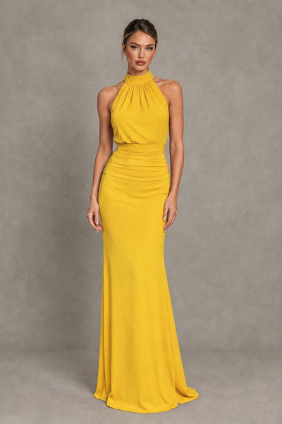 BOLODOO Mustard Yellow Chiffon Halter Maxi Formal Wedding Guest Dress - Mustard Yellow - Mustard Yellow_1