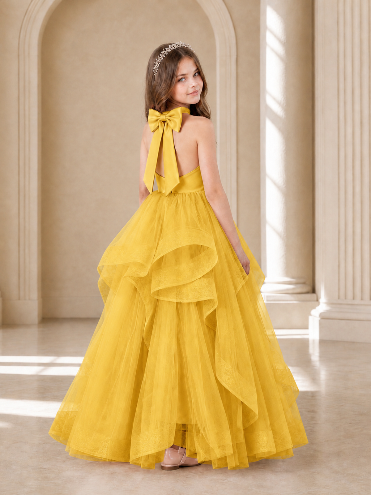 BOLODOO Mustard Yellow Halter Tiered Tulle Flower Girl Dress with Bow Back - Mustard Yellow - Mustard Yellow_1