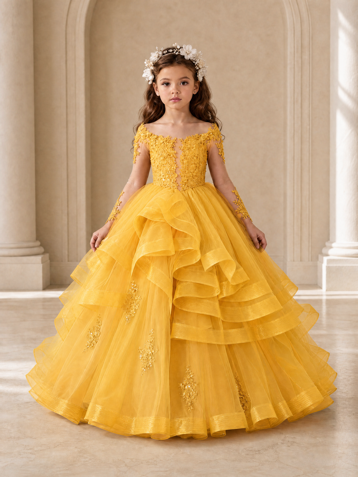 BOLODOO Mustard Yellow Lace Long Sleeve Tiered Flower Girl Dress - Mustard Yellow - Mustard_Yellow_1