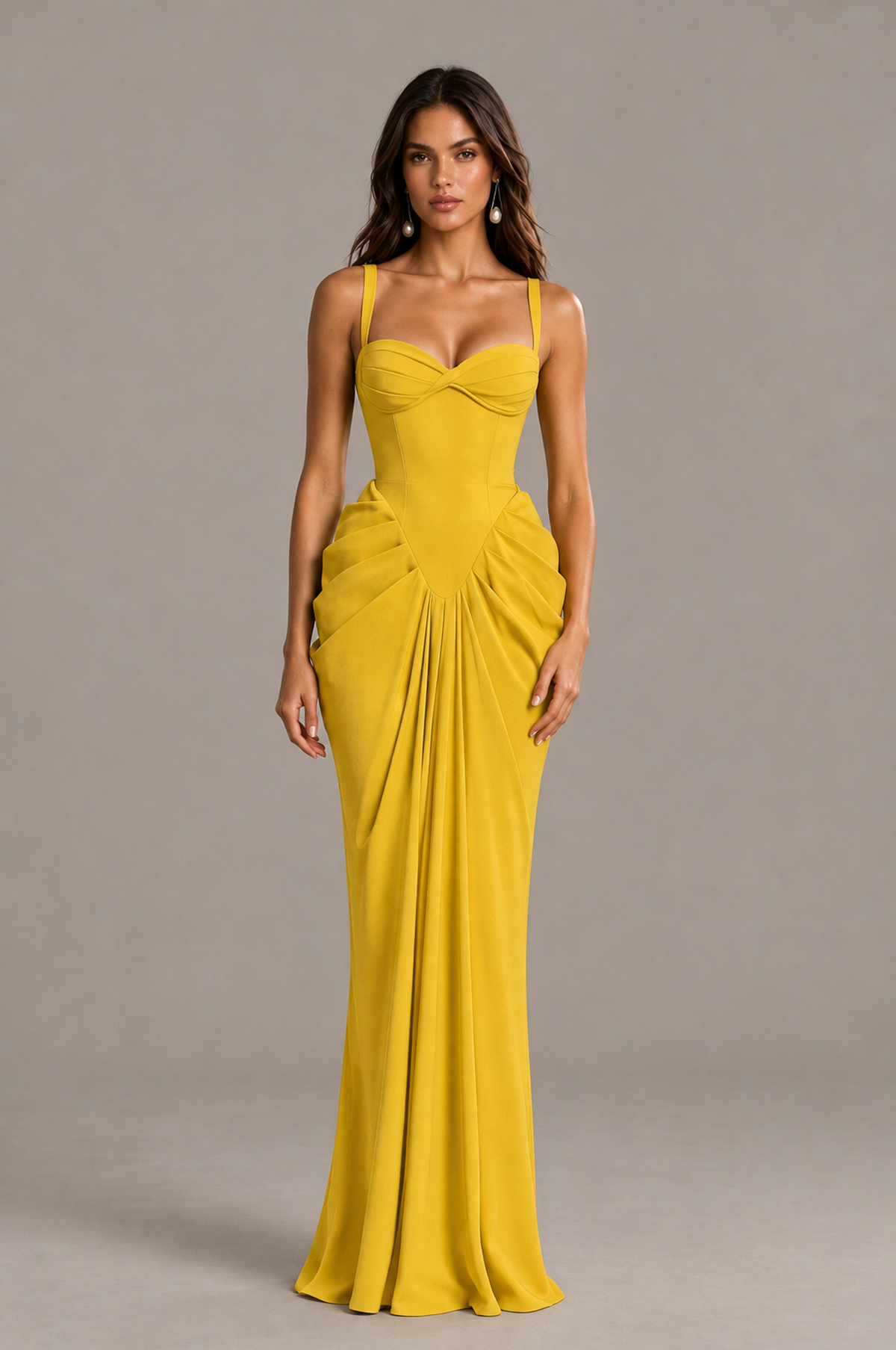BOLODOO Mustard Yellow Sweetheart Ruched Lace-Up Back Evening Gown - Mustard Yellow - Mustard_Yellow_1
