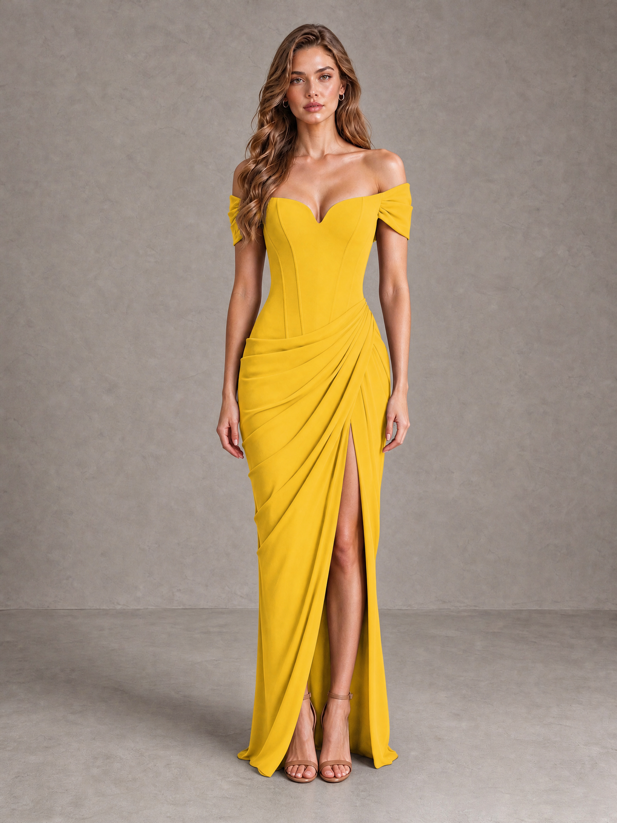 BOLODOO Mustard Yellow Off-Shoulder Ruched Corset Wedding Guest Dress with Slit - Mustard Yellow - Mustard_Yellow_1