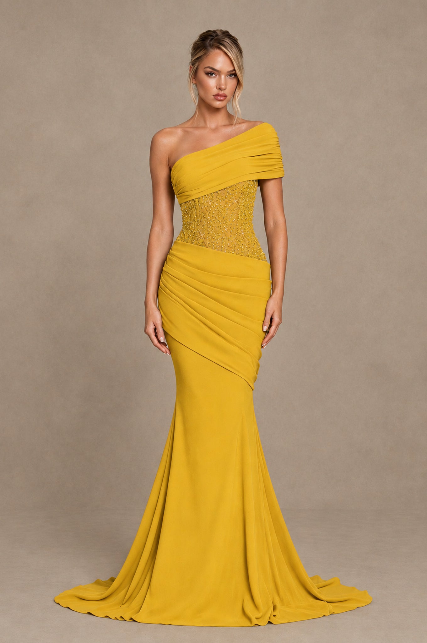 Mustard Yellow One-Shoulder Sequin Mermaid Gown | BOLODOO