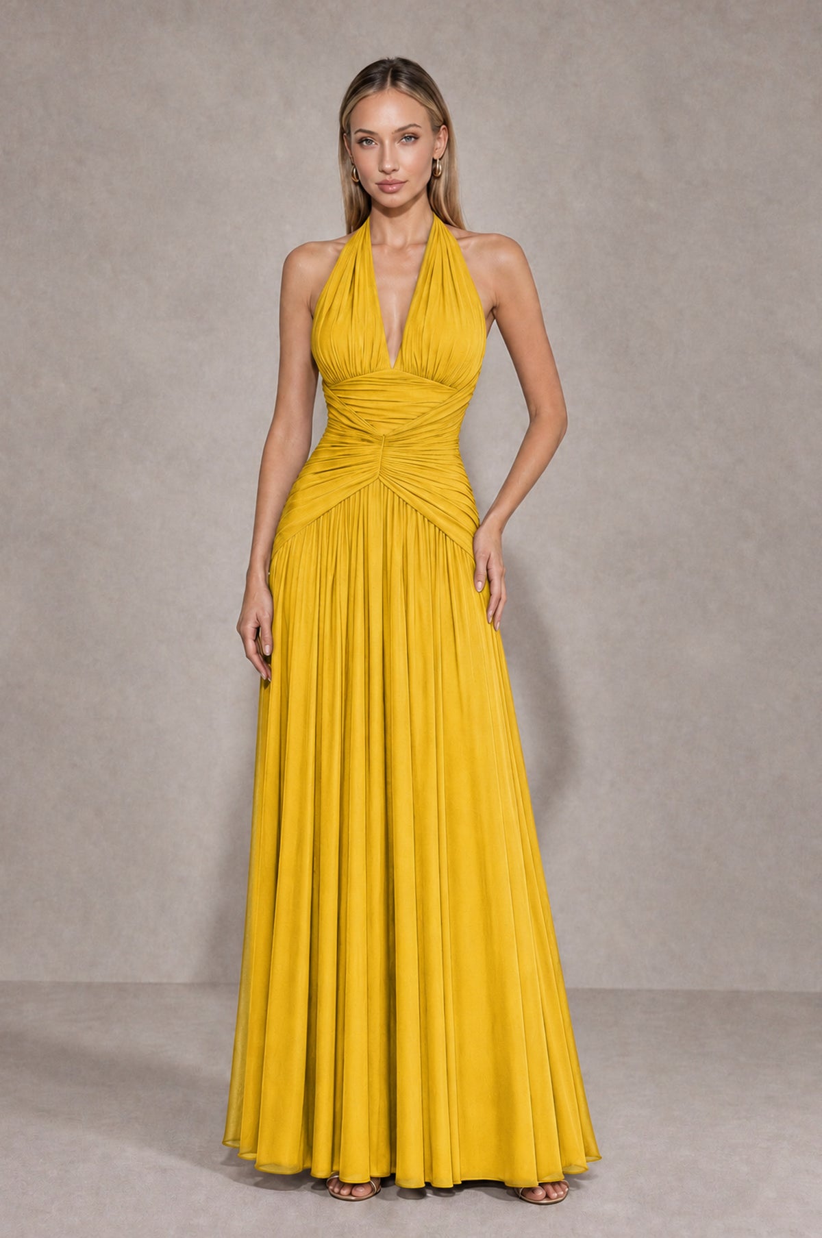 BOLODOO Mustard Yellow Chiffon Halter Deep V-Neck Ruched A-Line Backless Maxi Dress with Train-BD0167 - Mustard Yellow - Mustard Yellow_1
