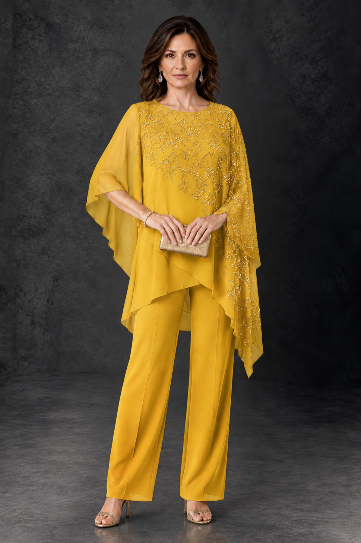 BOLODOO Mustard Yellow Embellished Cape Pant Suit for Mother of the Bride - Mustard Yellow - Mustard_Yellow_1