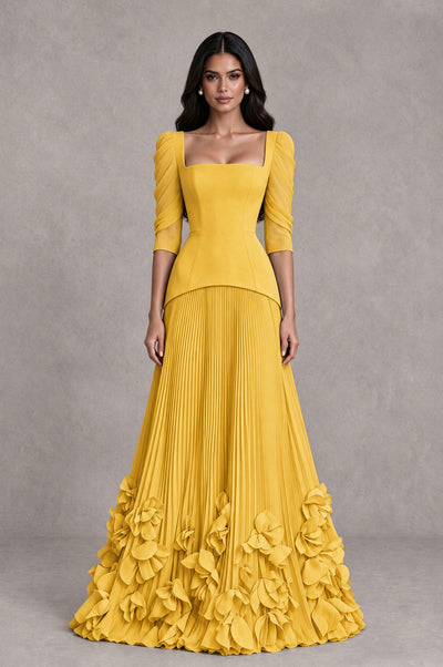 BOLODOO Mustard Yellow Square Neck Pleated Floral Applique Evening Dress - Mustard Yellow - Mustard Yellow_1