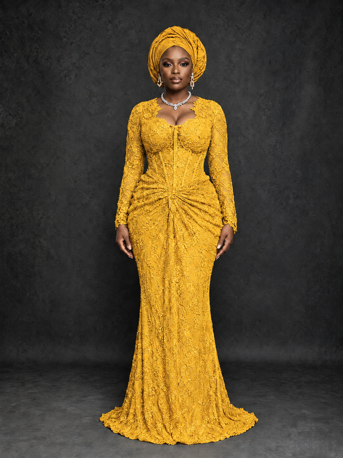 BOLODOO Mustard Yellow Beaded Lace Long Sleeve Mermaid Gown Sweetheart | Mother of the Bride - Mustard Yellow - Mustard Yellow_1