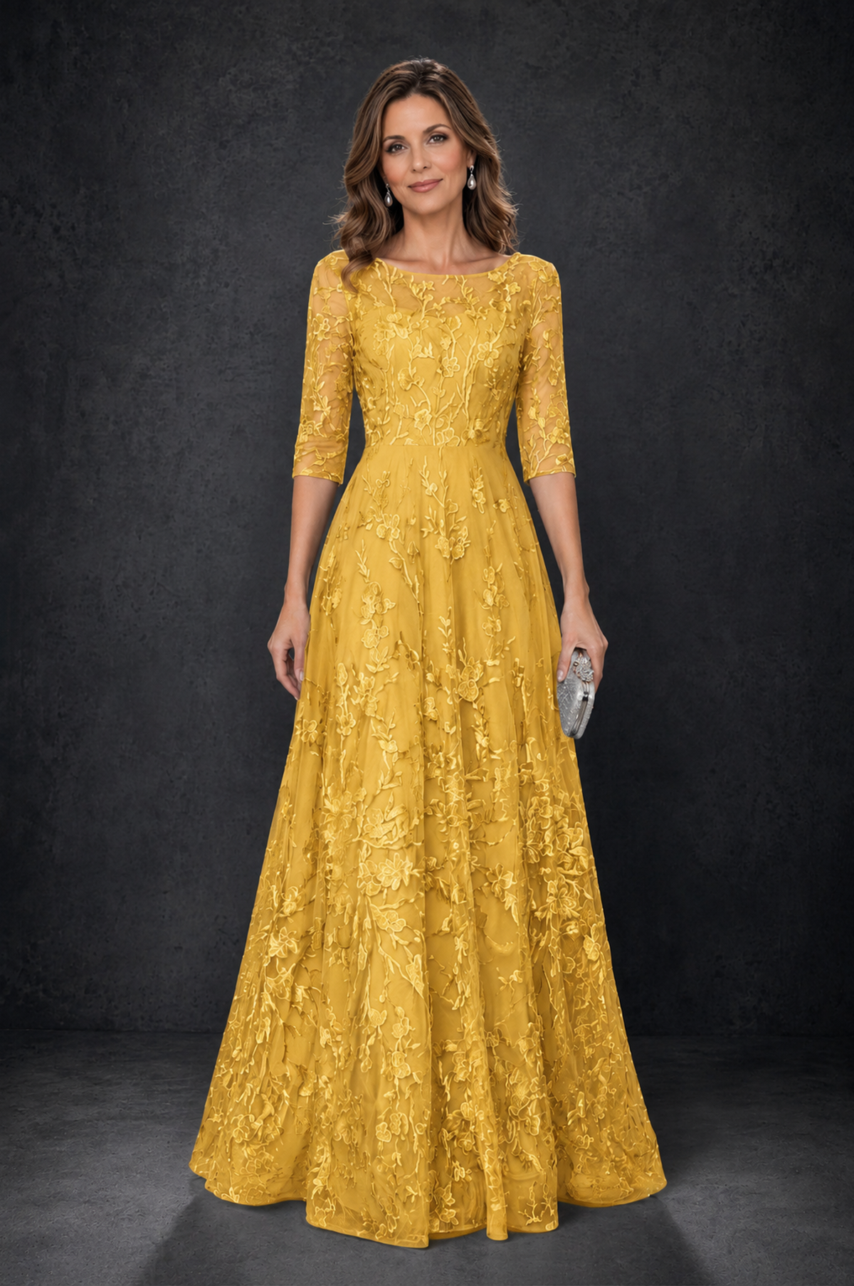 BOLODOO Mustard Yellow Illusion Bateau Neck 3/4 Sleeve Floral Lace A-Line Mother of the Bride Dress MX007 - Mustard Yellow - Mustard_Yellow_1