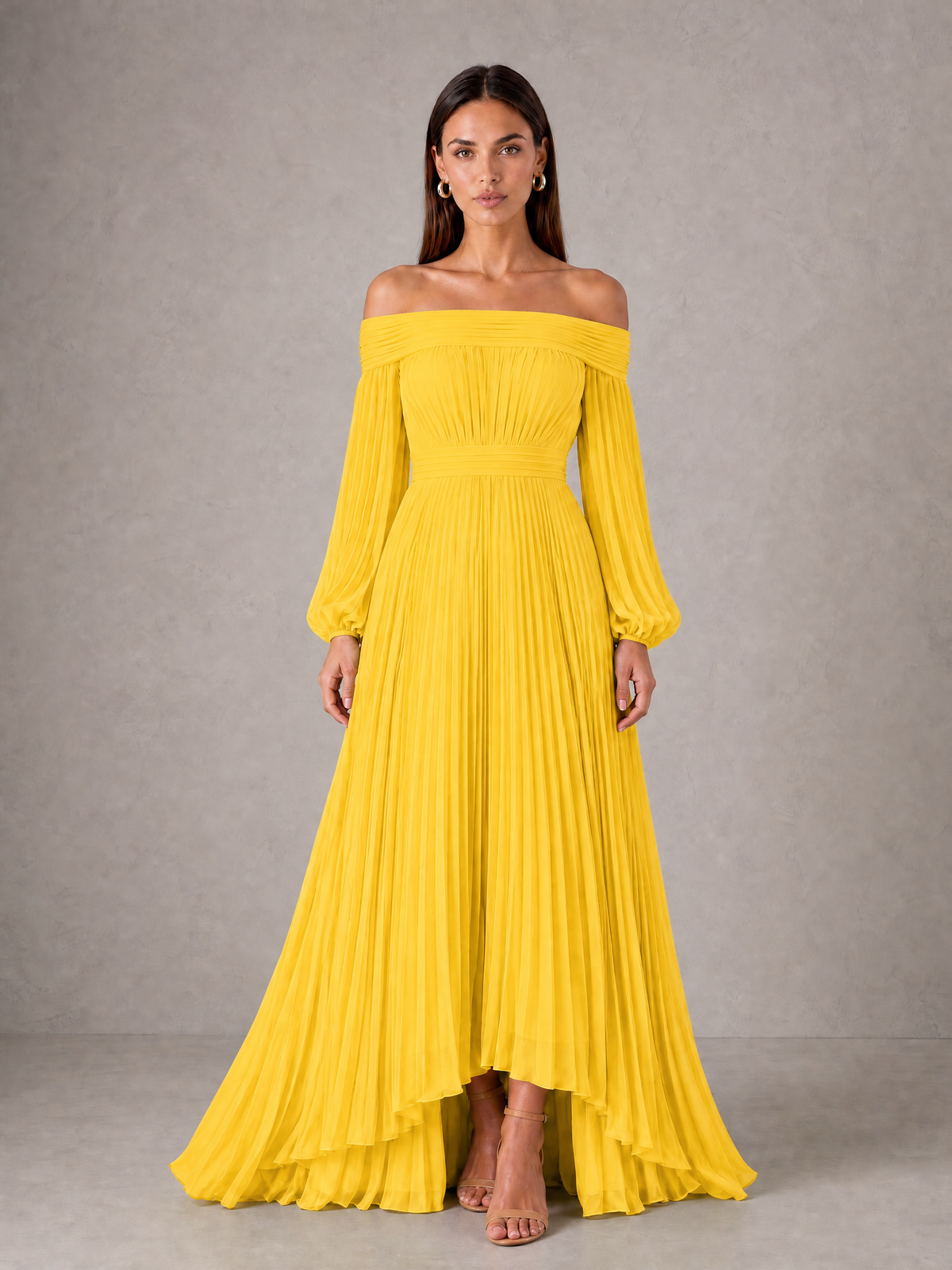 BOLODOO Mustard Yellow Off-Shoulder Long Sleeve Pleated High-Low Dress - Mustard Yellow - Mustard_Yellow_1
