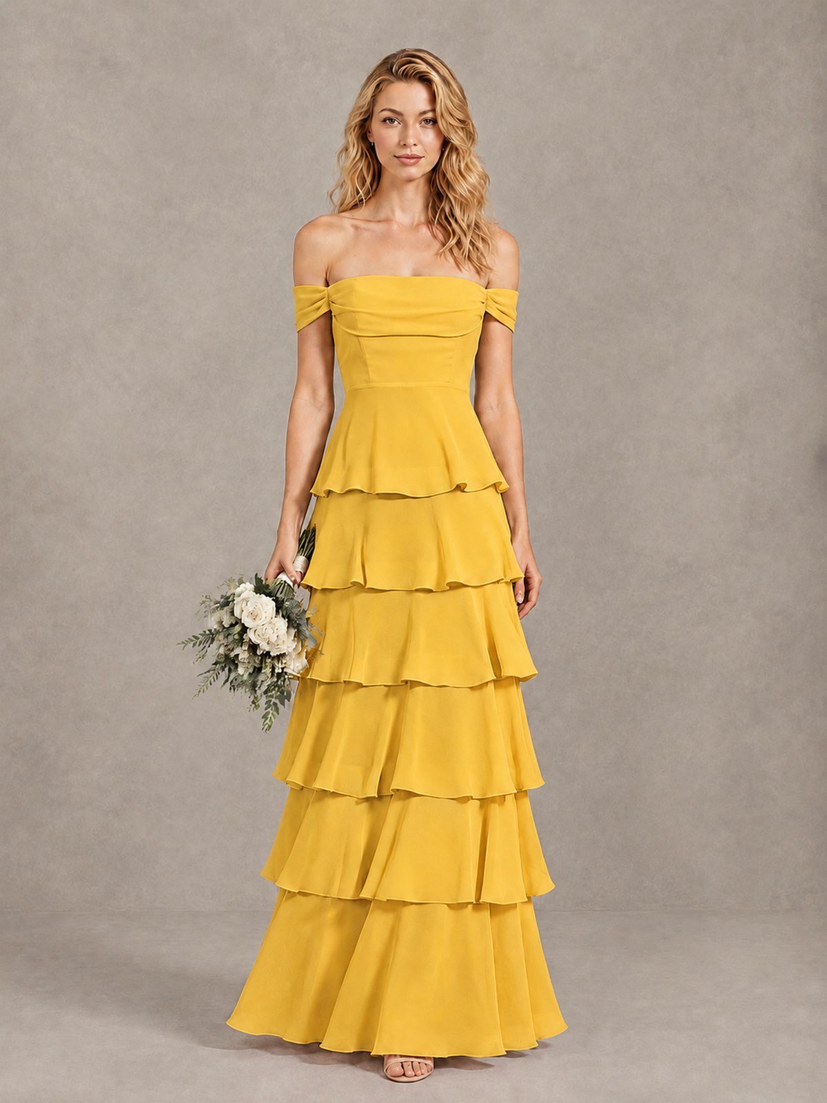 BOLODOO Mustard Yellow Off-Shoulder Tiered Ruffle Bridesmaid Dress with Lace-Up Back - Mustard Yellow - Mustard Yellow_1