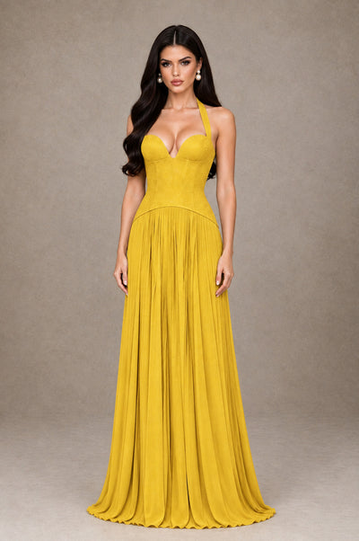 BOLODOO Mustard Yellow Halter Corset Pleated A-Line Evening Dress - Mustard Yellow - Mustard Yellow_1