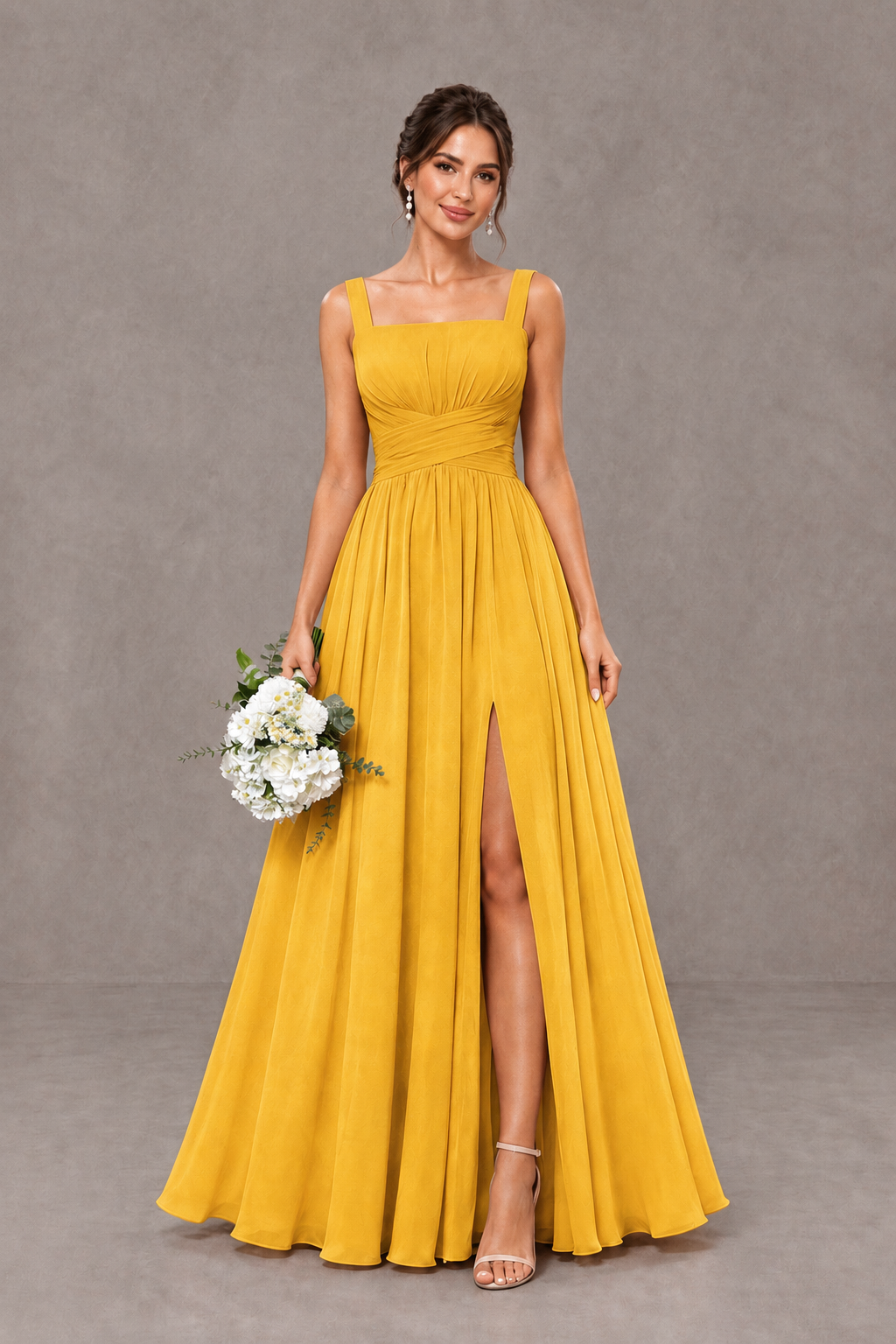 BOLODOO Mustard Yellow Square Neck A-Line Bridesmaid Dress with Slit - Mustard Yellow - Mustard Yellow_1