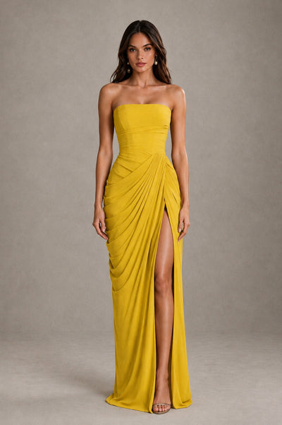 BOLODOO Strapless Draped Maxi Dress - Mustard Yellow Backless Evening Gown with High Slit - Mustard Yellow - Mustard Yellow_1