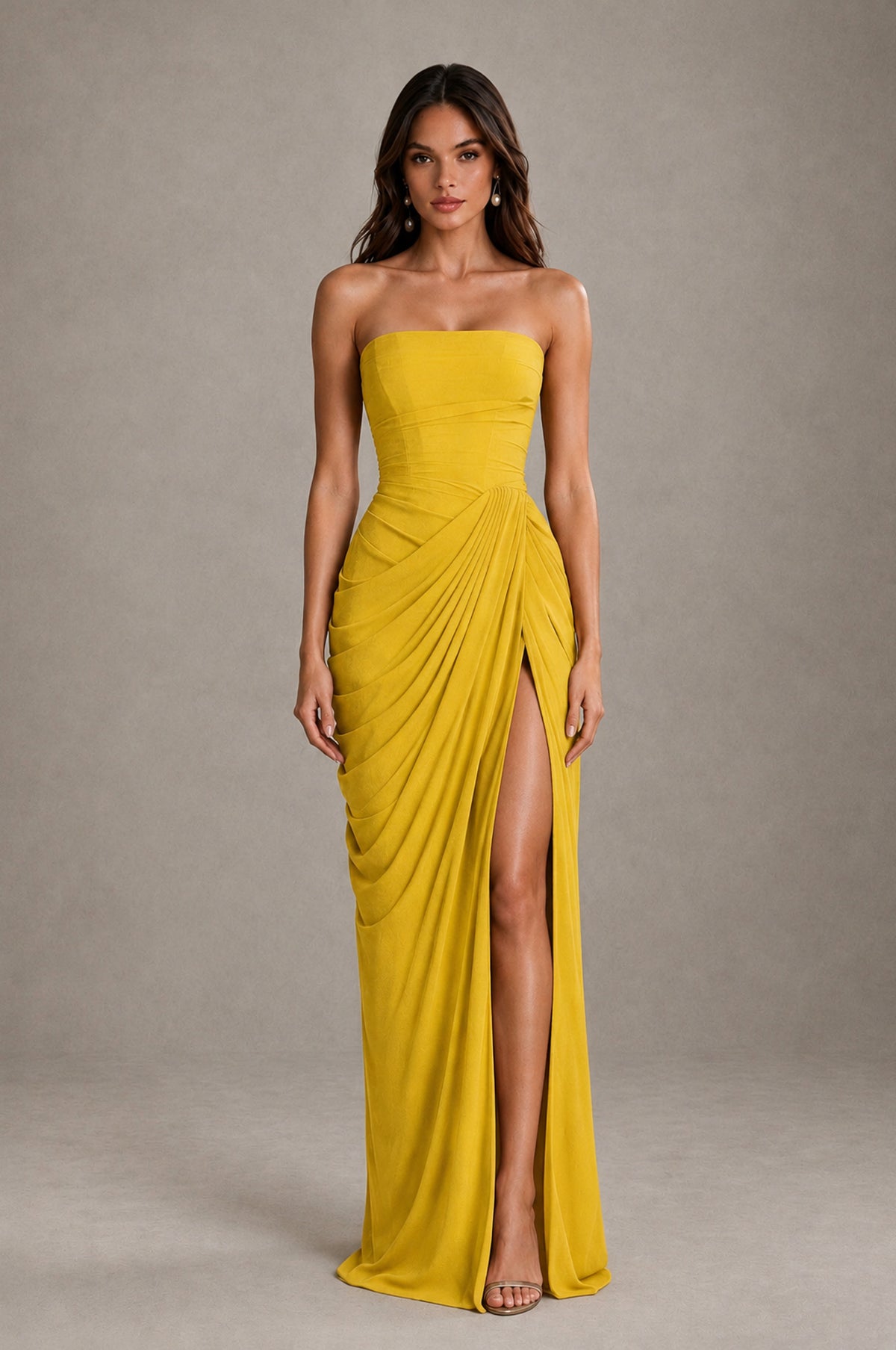 BOLODOO Strapless Draped Maxi Dress - Mustard Yellow Backless Evening Gown with High Slit - Mustard Yellow - Mustard Yellow_1