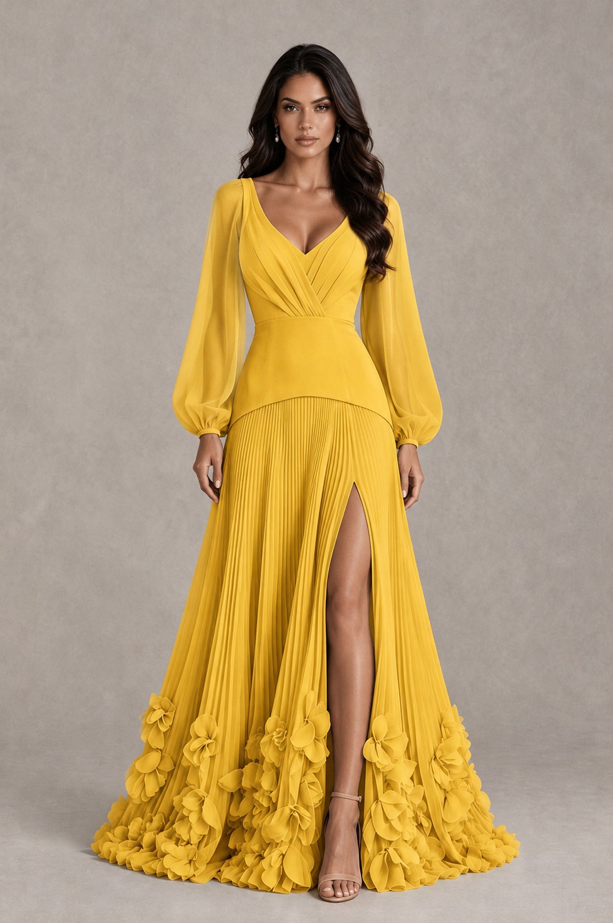 BOLODOO Mustard Yellow V-Neck Long Sleeve Pleated Floral Hem Evening Dress - Mustard Yellow - Mustard Yellow_1