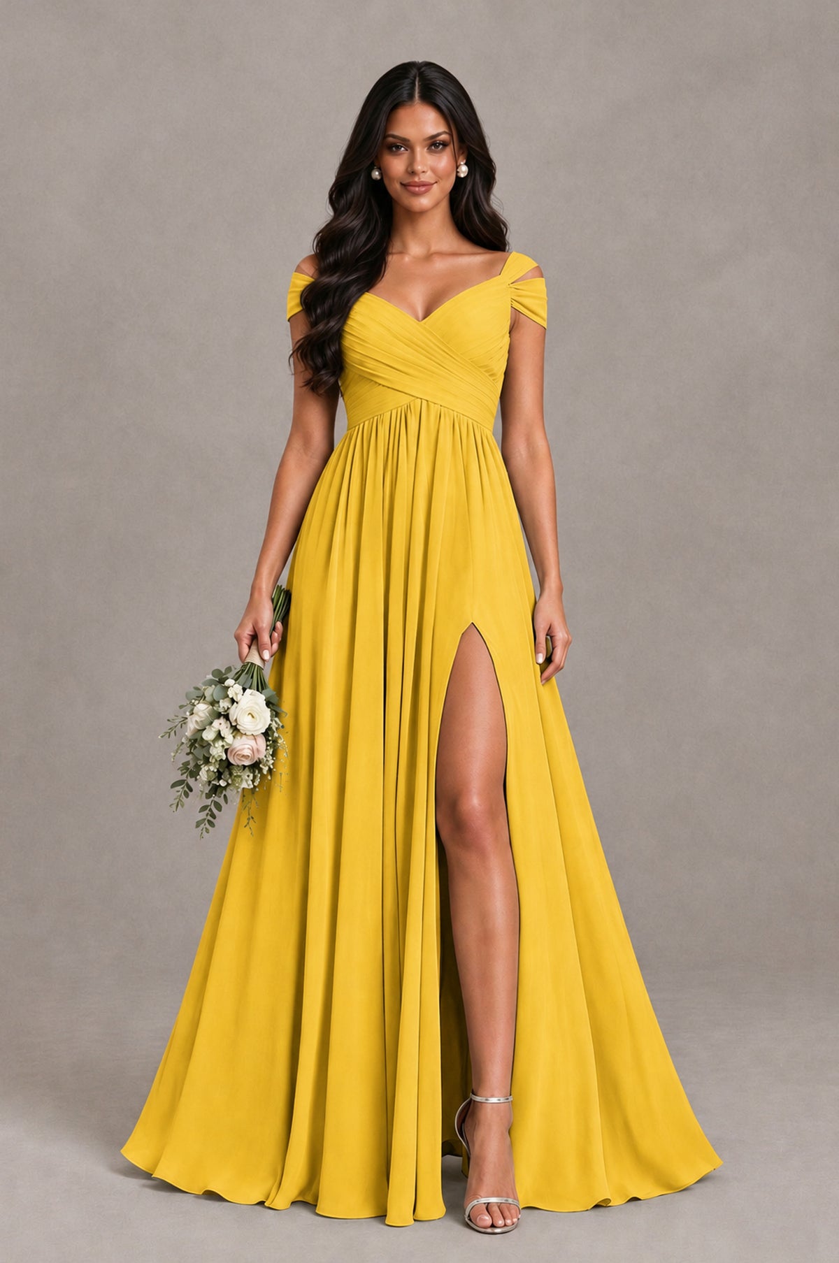 BOLODOO Mustard Yellow Cold Shoulder Chiffon Evening Dress with V Neck and High Slit - Mustard Yellow - Mustard Yellow_1
