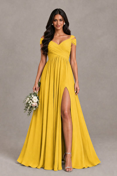 BOLODOO Mustard Yellow Cold Shoulder Chiffon Evening Dress with V Neck and High Slit - Mustard Yellow - Mustard Yellow_1