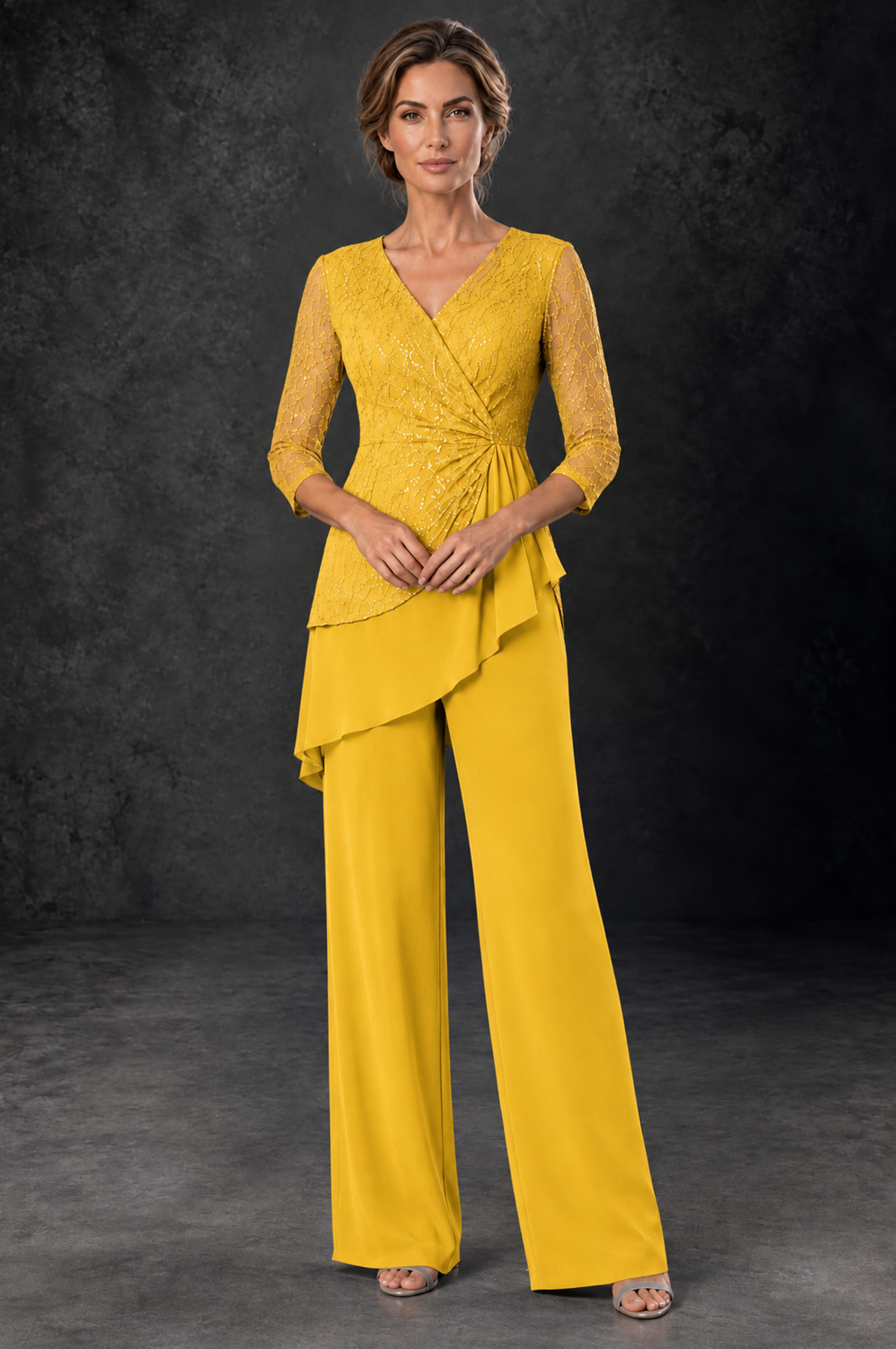 BOLODOO Mustard Yellow Sequin Lace 3/4 Sleeve Chiffon Mother of the Bride Pant Suit - Mustard Yellow - Mustard_Yellow_1
