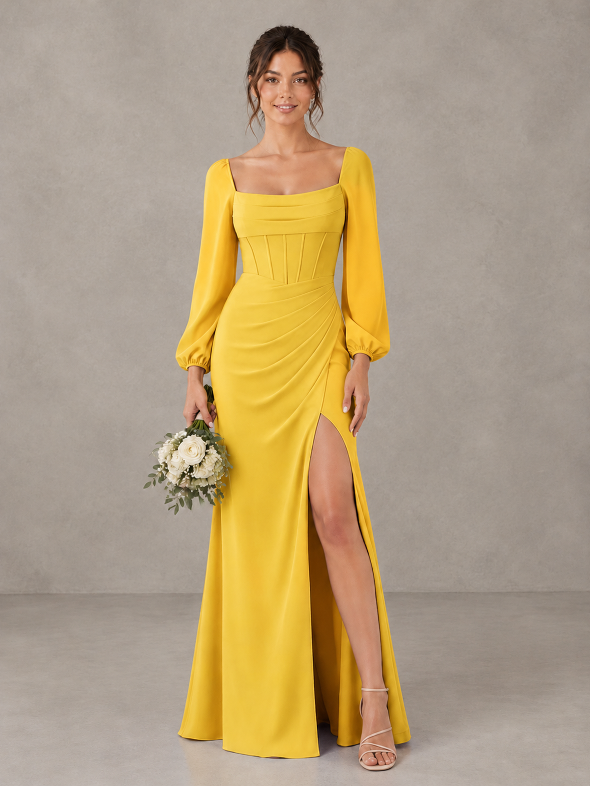 BOLODOO Mustard Yellow Square Neck Long Sleeve Bridesmaid Dress with High Slit - Mustard Yellow - Mustard Yellow_1