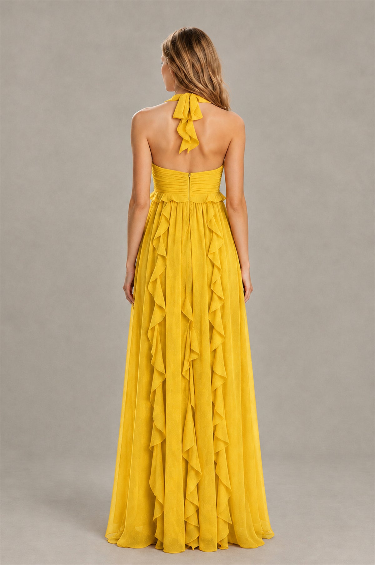 BOLODOO Mustard Yellow Halter Ruffle A-Line Floor-Length Evening Dress - Mustard Yellow - Mustard_Yellow_2