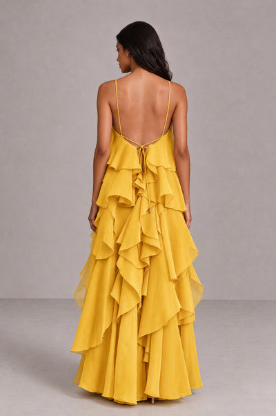 BOLODOO Mustard Yellow Cascading Ruffle Rosette Open-Back Maxi Dress - Mustard Yellow - Mustard Yellow_2