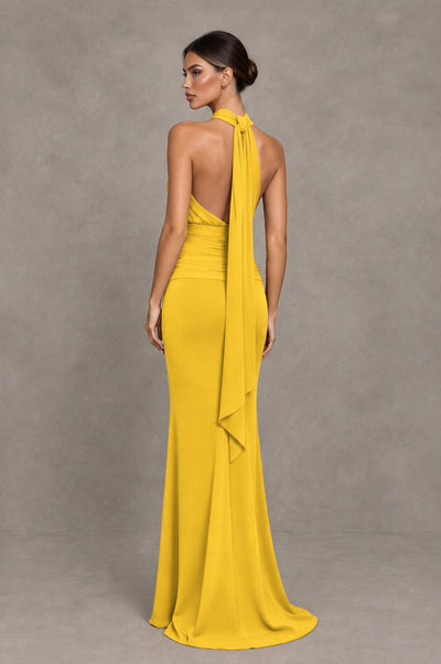 BOLODOO Mustard Yellow Chiffon Halter Maxi Formal Wedding Guest Dress - Mustard Yellow - Mustard Yellow_2