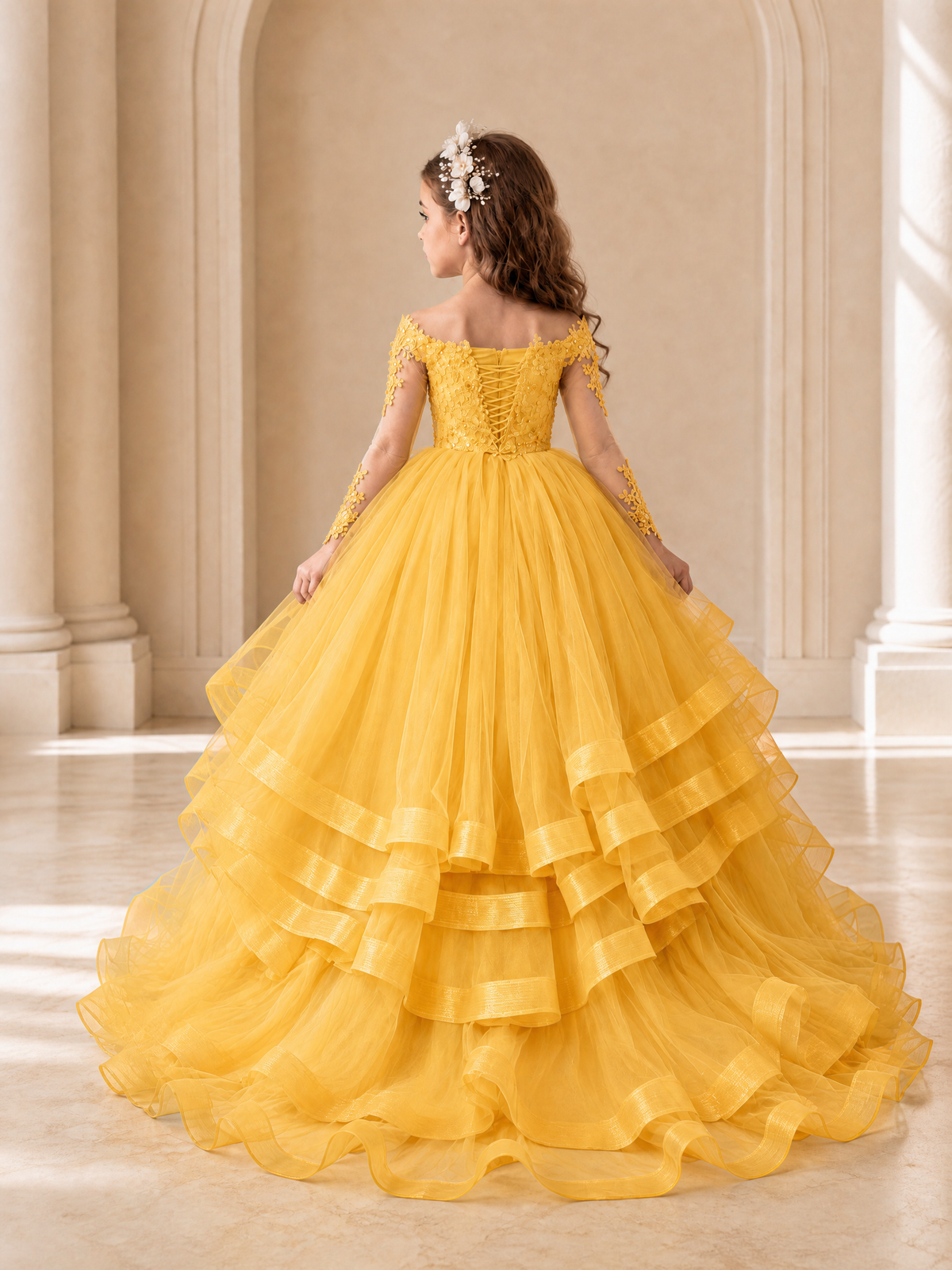 BOLODOO Mustard Yellow Lace Long Sleeve Tiered Flower Girl Dress - Mustard Yellow - Mustard_Yellow_2