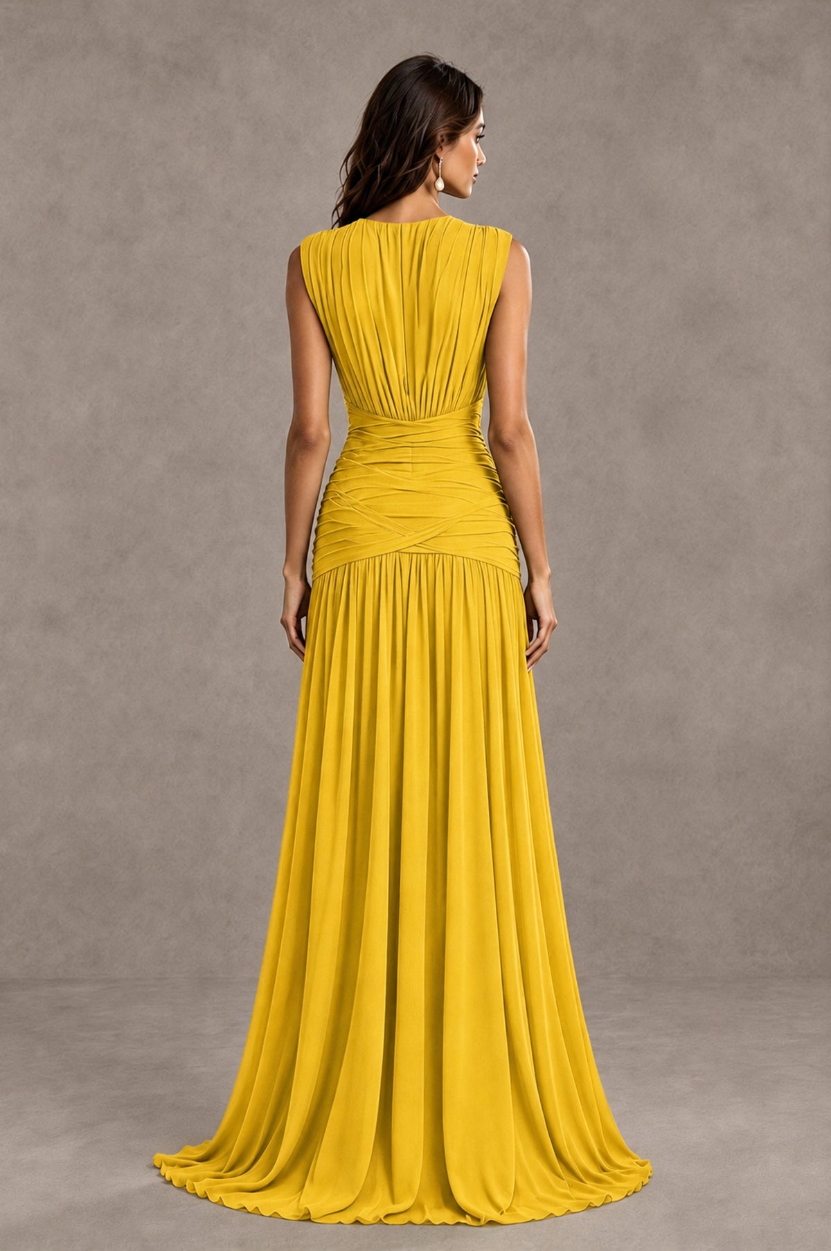 BOLODOO Mustard Yellow V-Neck Ruched Wedding Guest Dress - Mustard Yellow - Mustard Yellow_2