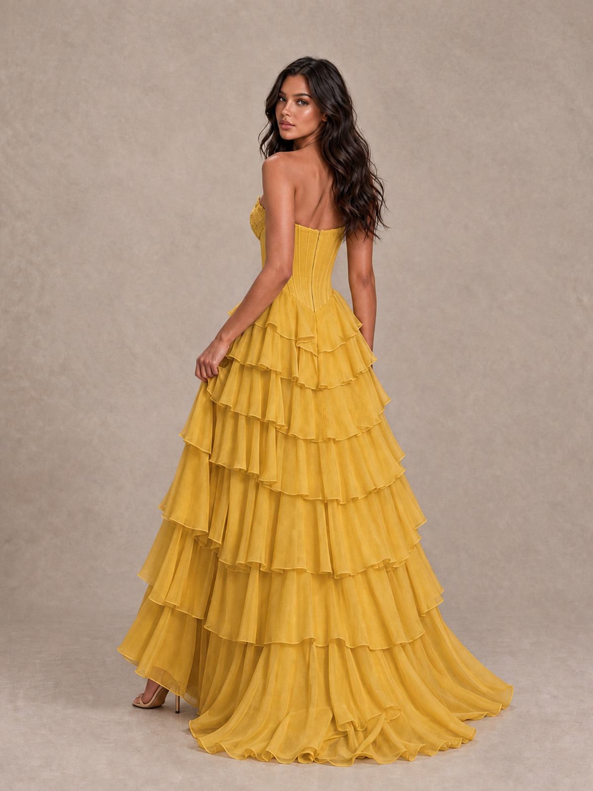 BOLODOO Mustard Yellow Strapless Corset Tiered Ruffle Prom Dress with High Slit - Mustard Yellow - Mustard Yellow_2