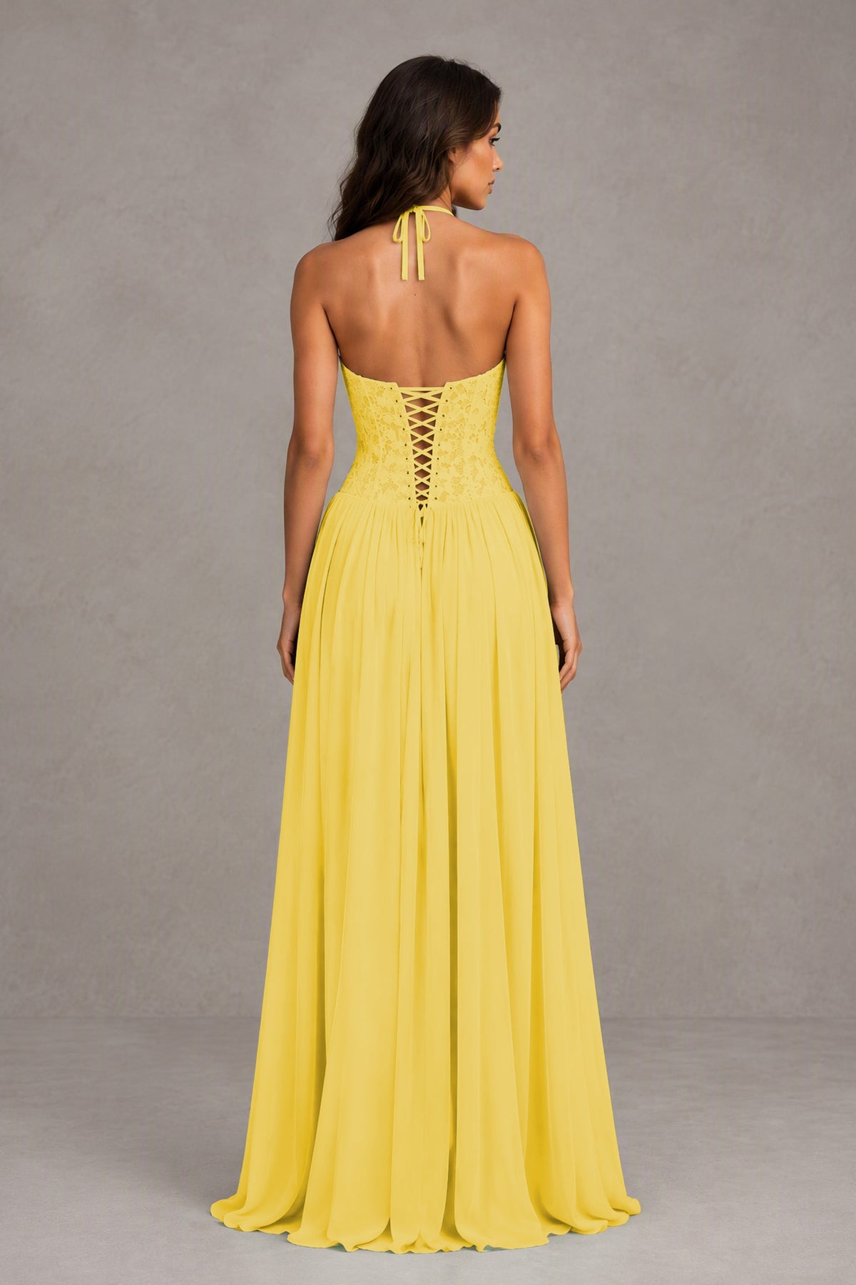 BOLODOO Mustard Yellow Lace Corset Halter Maxi Gown – Backless A-Line Formal Dress - Mustard Yellow - Mustard Yellow(2)