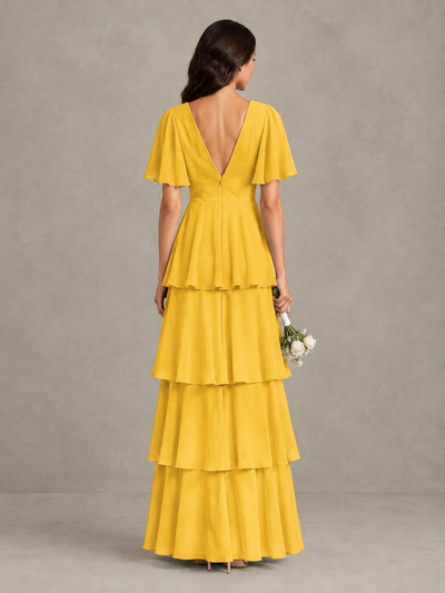 BOLODOO Mustard Yellow Tiered Flutter Sleeve Bridesmaid Dress - Mustard Yellow - Mustard Yellow_2