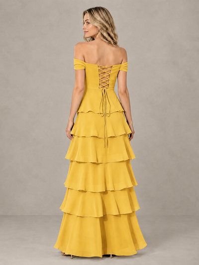 BOLODOO Mustard Yellow Off-Shoulder Tiered Ruffle Bridesmaid Dress with Lace-Up Back - Mustard Yellow - Mustard Yellow_2