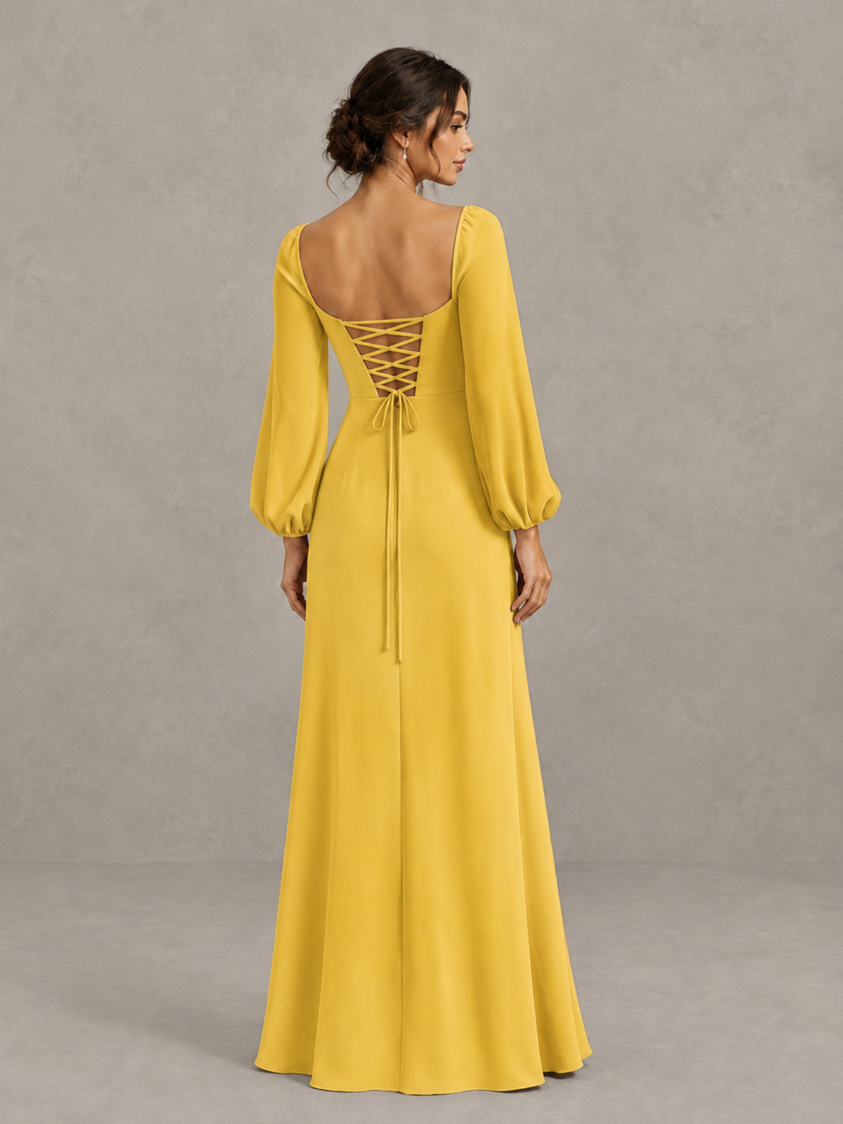BOLODOO Mustard Yellow Square Neck Long Sleeve Bridesmaid Dress with High Slit - Mustard Yellow - Mustard Yellow_2