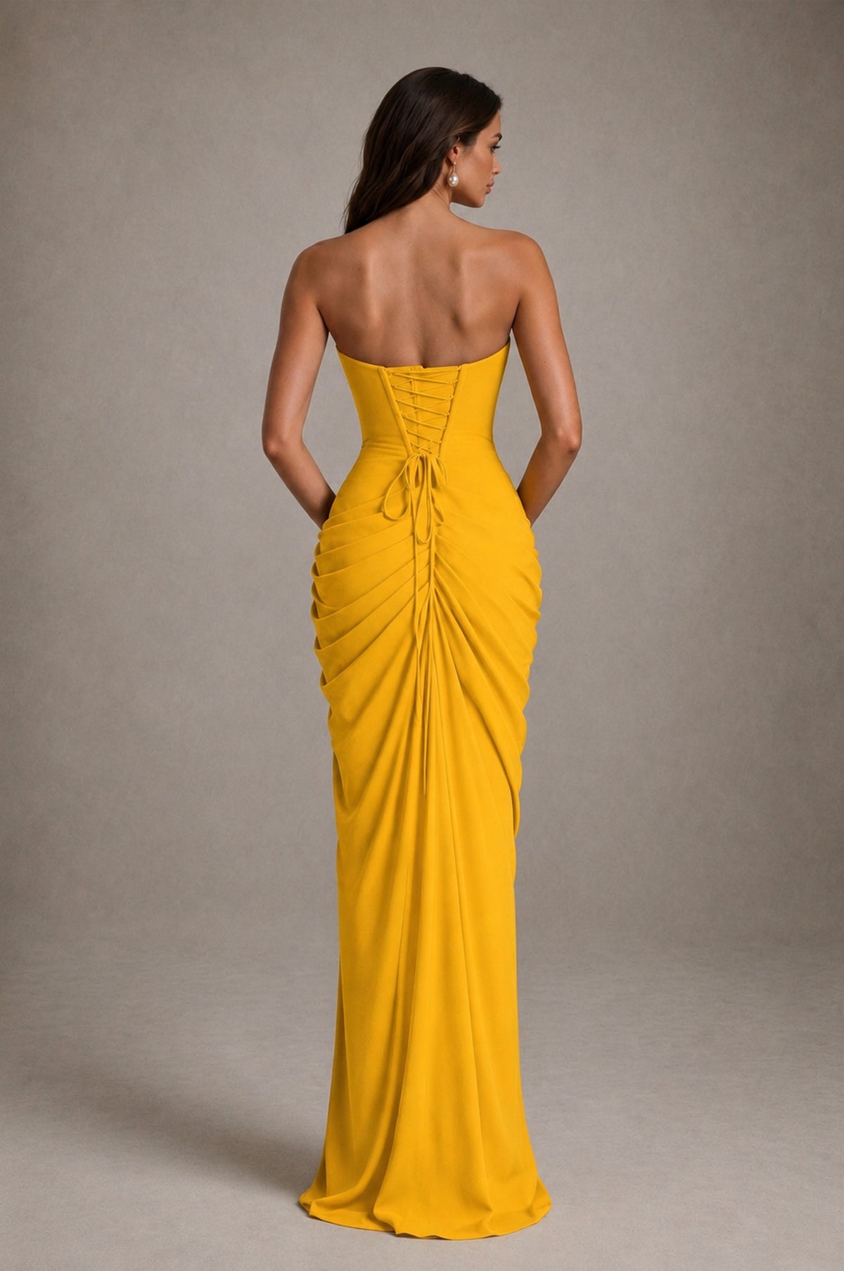 BOLODOO Strapless Draped Maxi Dress - Mustard Yellow Backless Evening Gown with High Slit - Mustard Yellow - Mustard Yellow_2