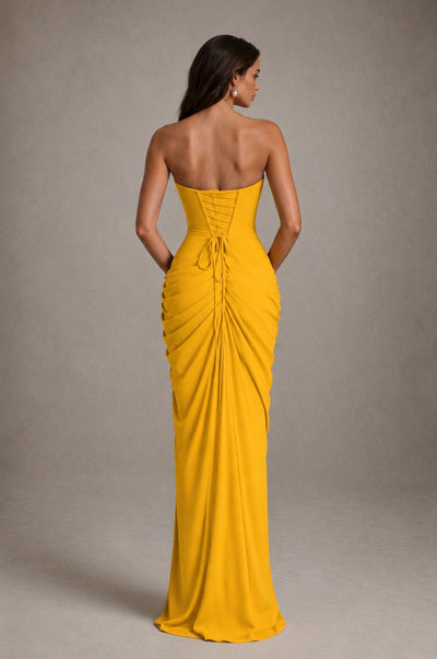 BOLODOO Strapless Draped Maxi Dress - Mustard Yellow Backless Evening Gown with High Slit - Mustard Yellow - Mustard Yellow_2