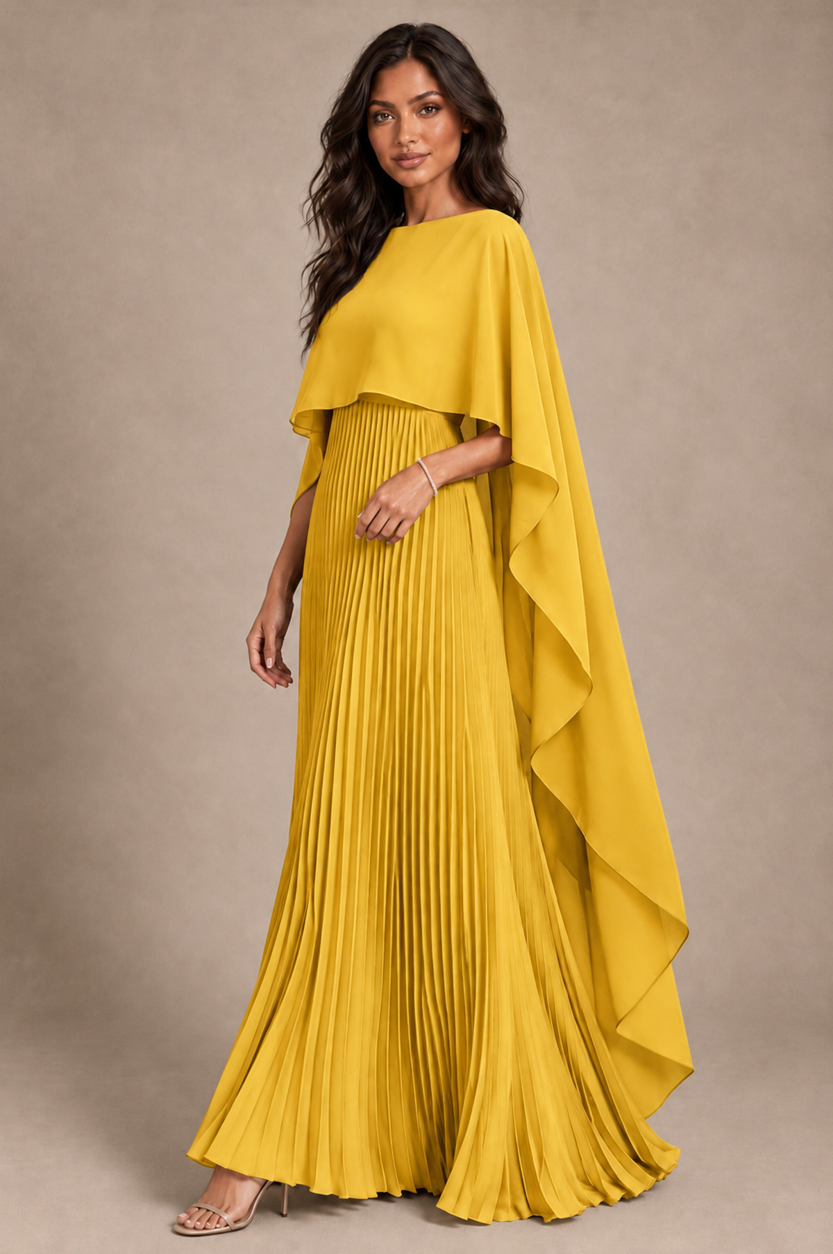 BOLODOO Mustard Yellow Pleated Cape A-Line Evening Dress - Mustard Yellow - Mustard_Yellow_2