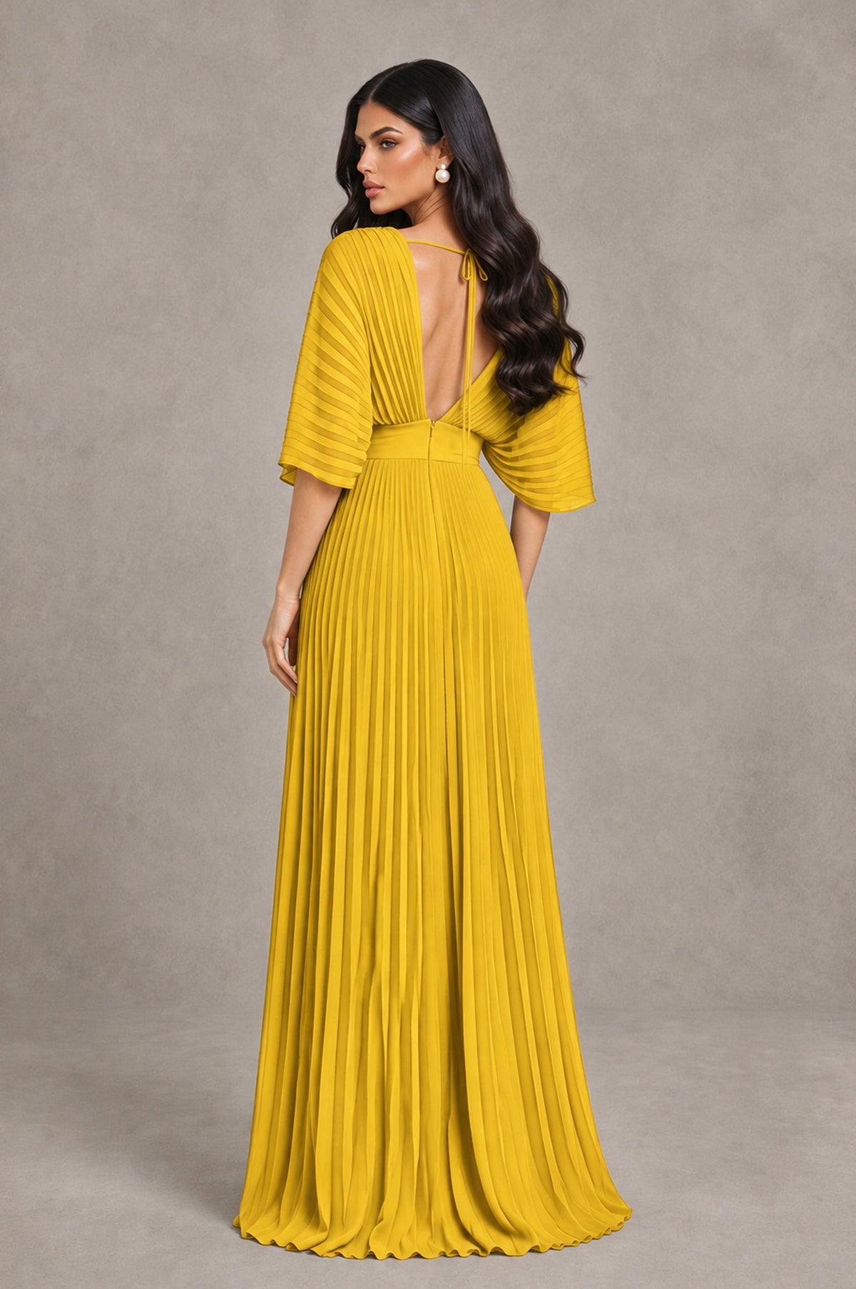 BOLODOO Mustard Yellow V-Neck Pleated Flutter Sleeve Formal Dress - Mustard Yellow - Mustard Yellow_2