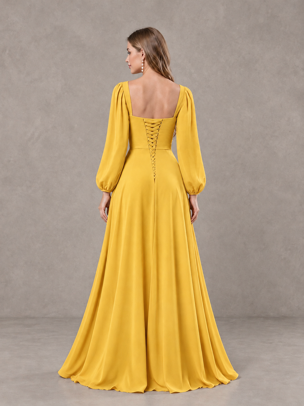 BOLODOO Mustard Yellow Square Neck Long Sleeve Bridesmaid Dress with Ruffle Slit - Mustard Yellow - Mustard Yellow_2