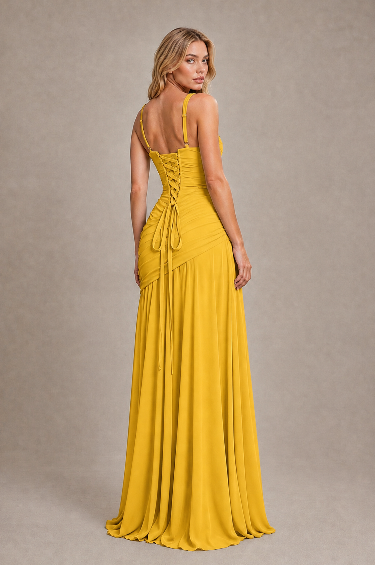BOLODOO Mustard Yellow Spaghetti Strap Ruched Maxi Dress – Formal Evening Gown with Slit - Mustard Yellow - Mustard_Yellow_2