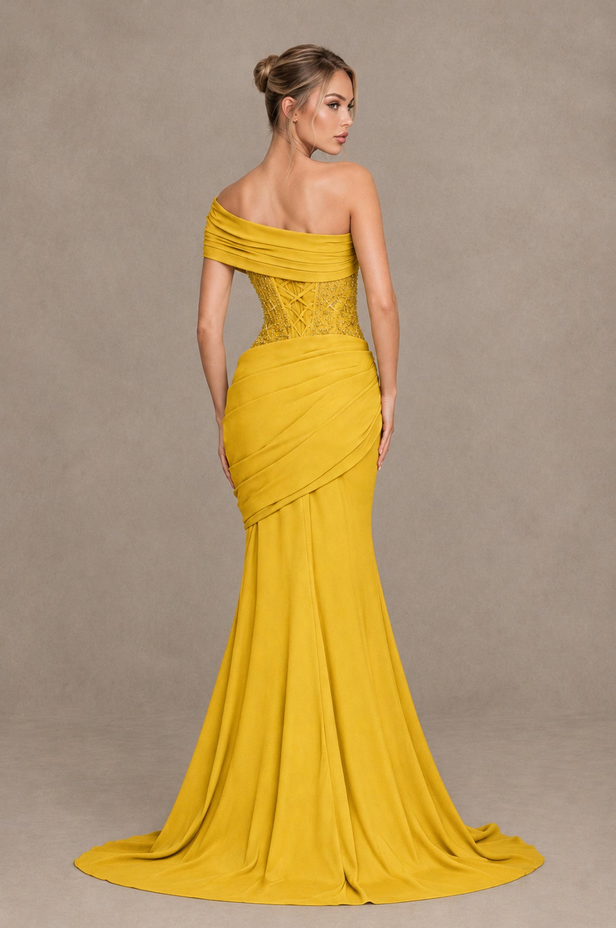 BOLODOO Mustard Yellow One-Shoulder Sequin Embroidered Ruched Mermaid Gown with Train - Mustard Yellow - Mustard Yellow_2