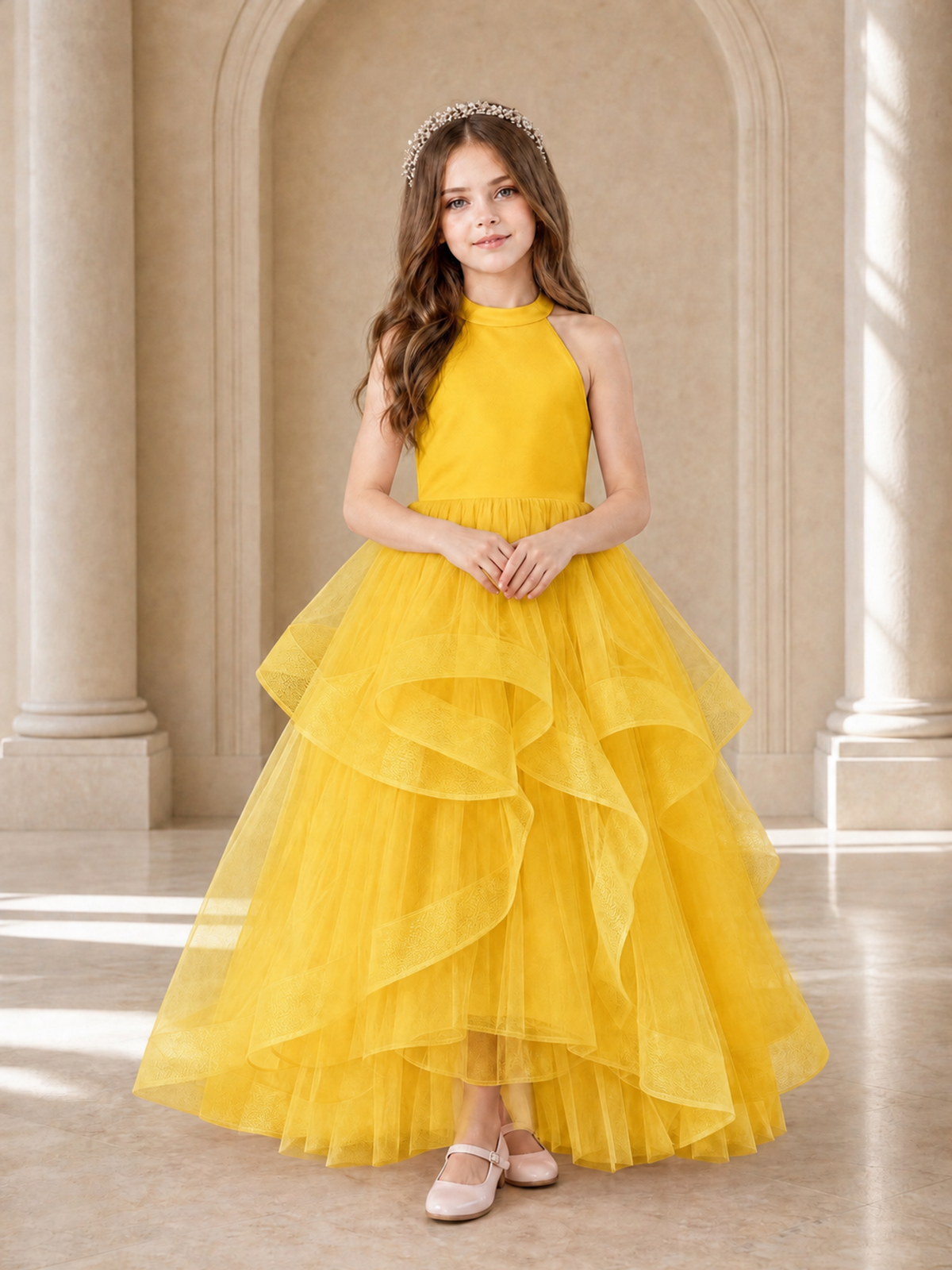 BOLODOO Mustard Yellow Halter Tiered Tulle Flower Girl Dress with Bow Back - Mustard Yellow - Mustard Yellow_2
