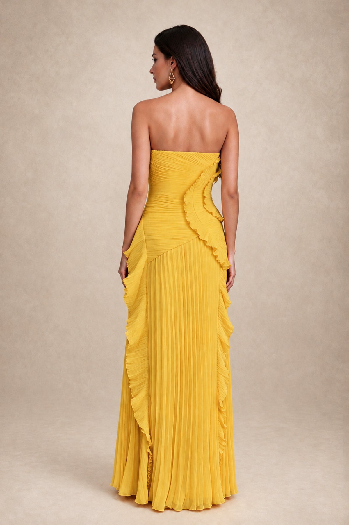 BOLODOO Mustard Yellow Strapless Ruffle Pleated Slit Evening Gown - Mustard Yellow - Mustard Yellow_2