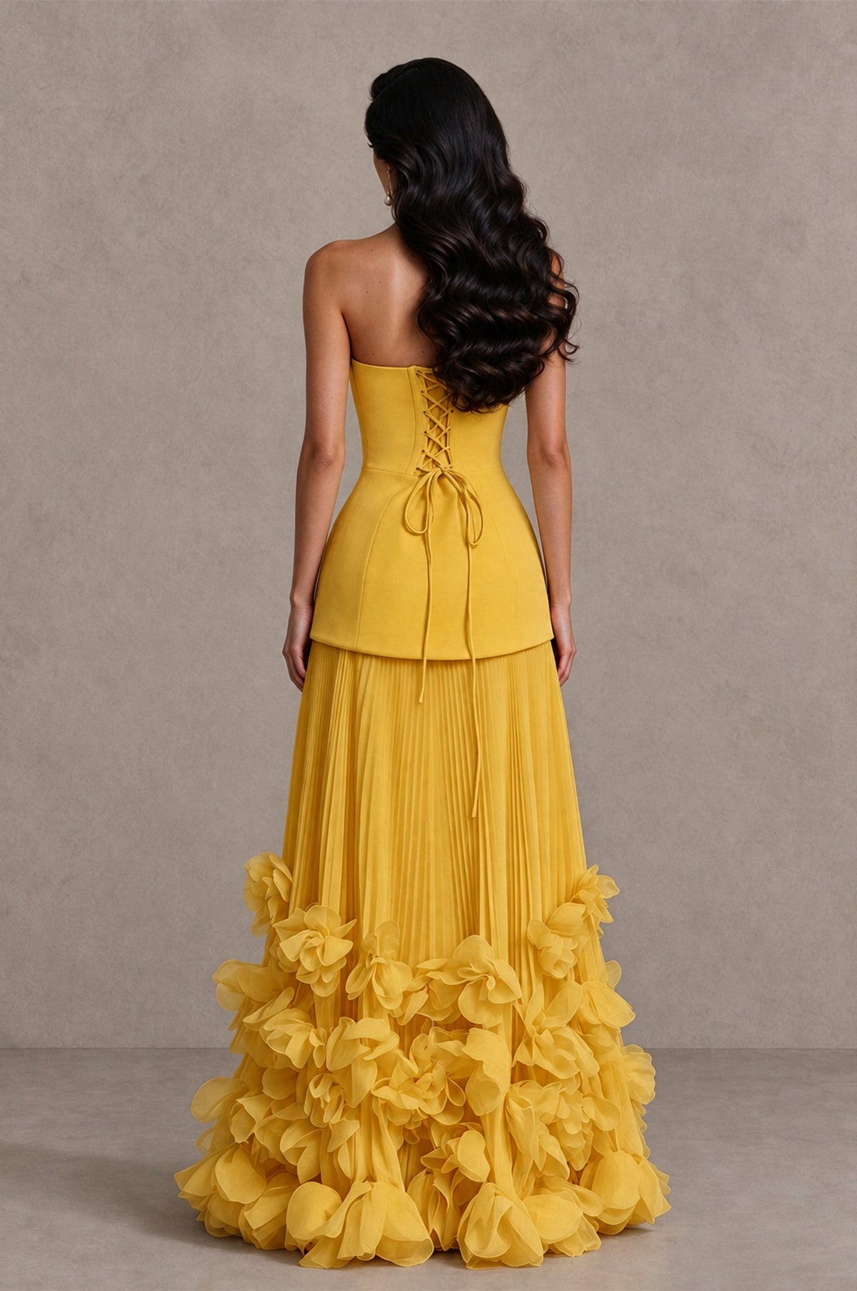 BOLODOO Mustard Yellow Strapless Pleated Floral Hem Evening Gown - Mustard Yellow - Mustard Yellow_2