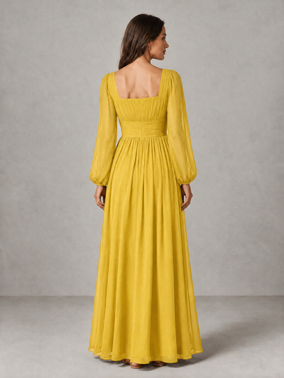 BOLODOO Mustard Yellow Square Neck Long Sleeve Chiffon Bridesmaid Dress - Mustard Yellow - Mustard Yellow_2