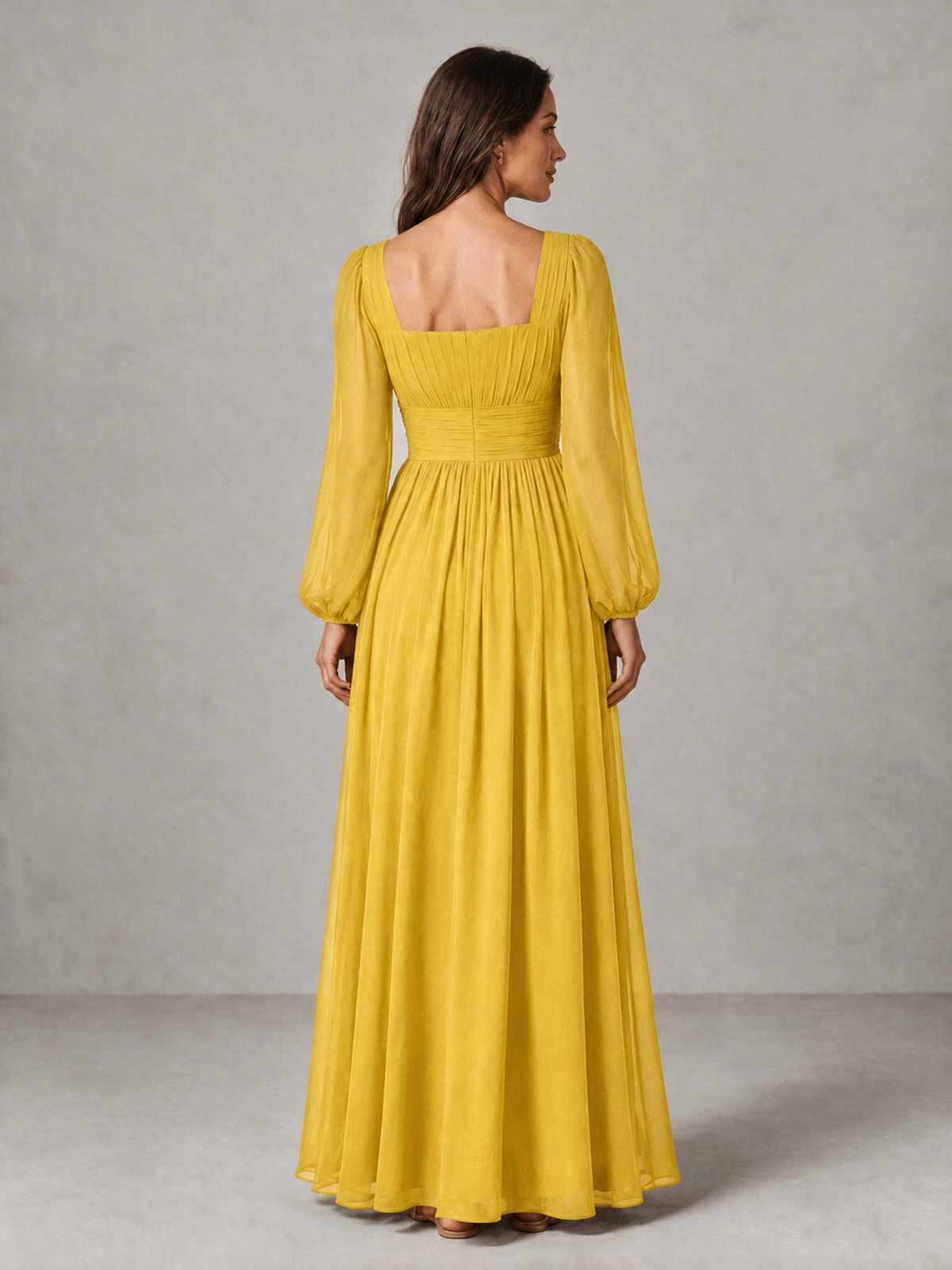 BOLODOO Mustard Yellow Square Neck Long Sleeve Chiffon Bridesmaid Dress - Mustard Yellow - Mustard Yellow_2