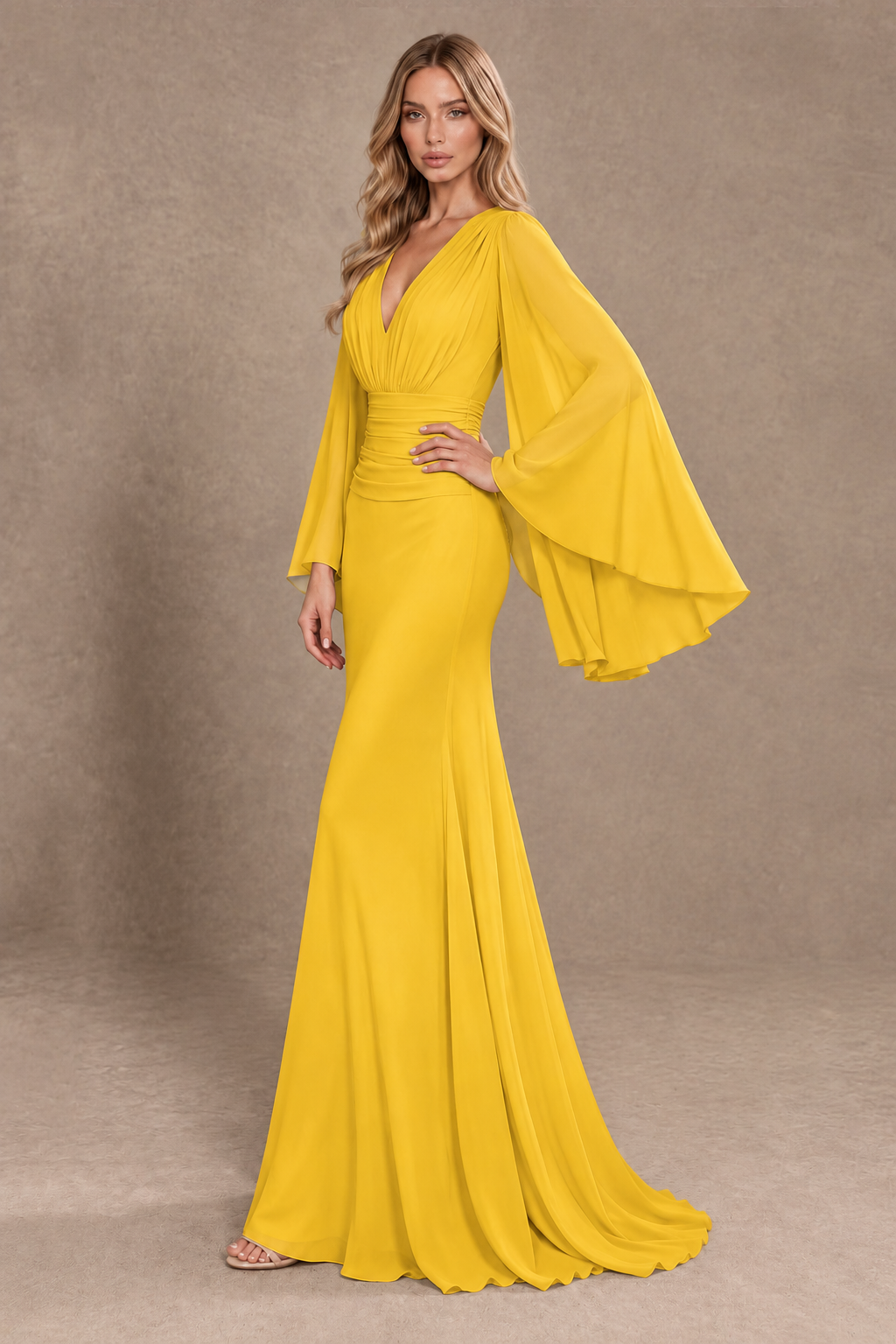 BOLODOO Mustard Yellow Cape Sleeve V-Neck Ruched Chiffon Evening Dress - Mustard Yellow - Mustard_Yellow_2