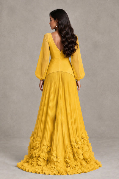 BOLODOO Mustard Yellow V-Neck Long Sleeve Pleated Floral Hem Evening Dress - Mustard Yellow - Mustard Yellow_2