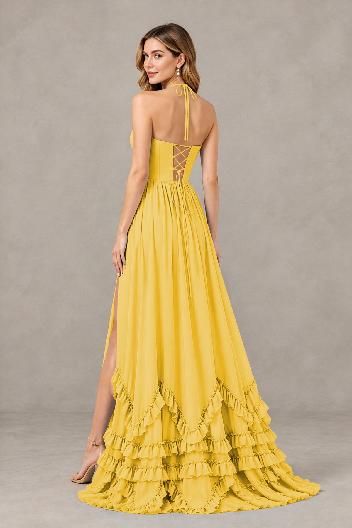 BOLODOO Mustard Yellow Halter Ruffle Hem A-Line Bridesmaid Dress with High Slit - Mustard Yellow - Mustard Yellow(2)