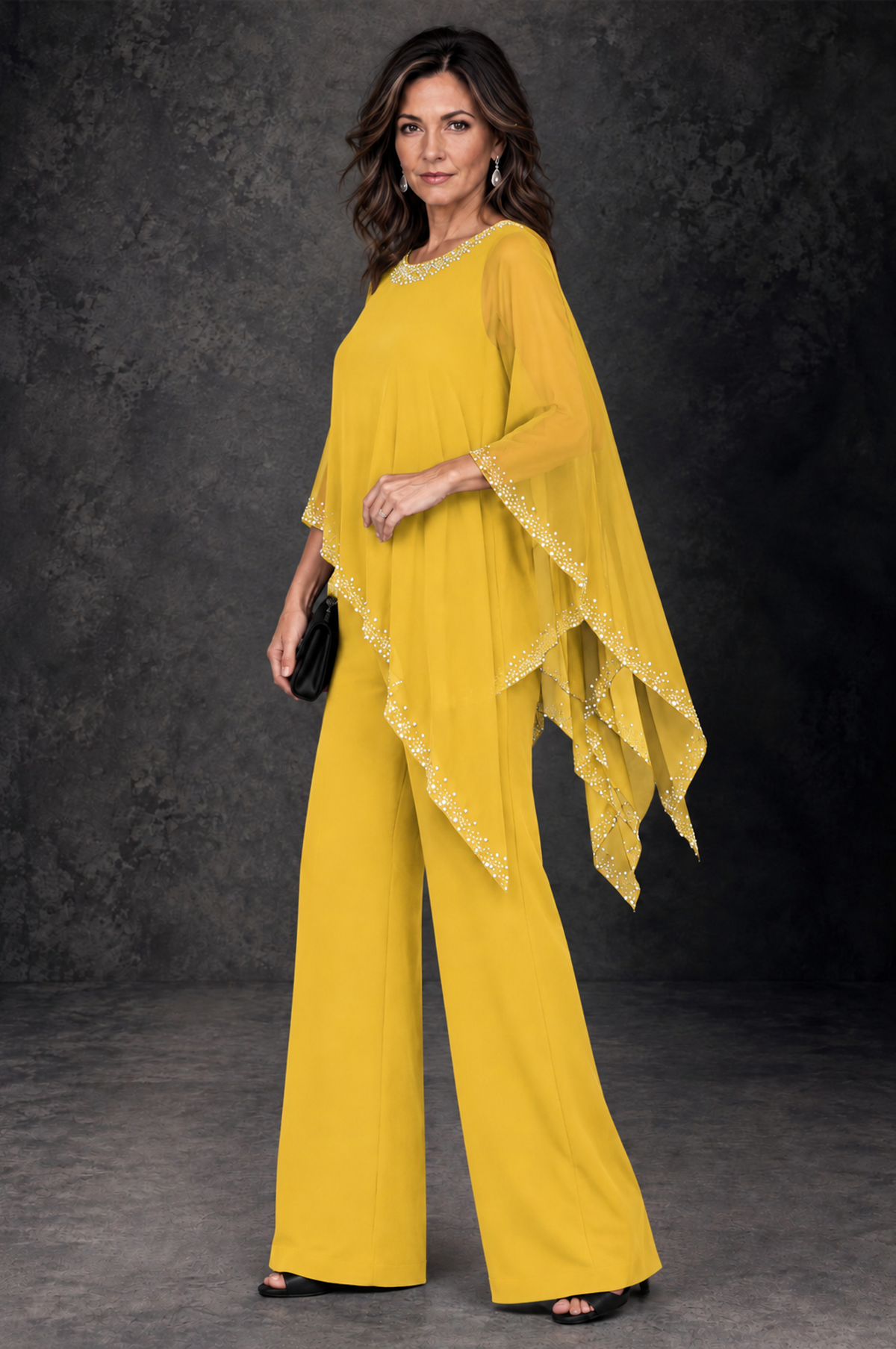 BOLODOO Mustard Yellow Embellished Cape Mother of the Bride Pantsuit - Mustard Yellow - Mustard_Yellow_2