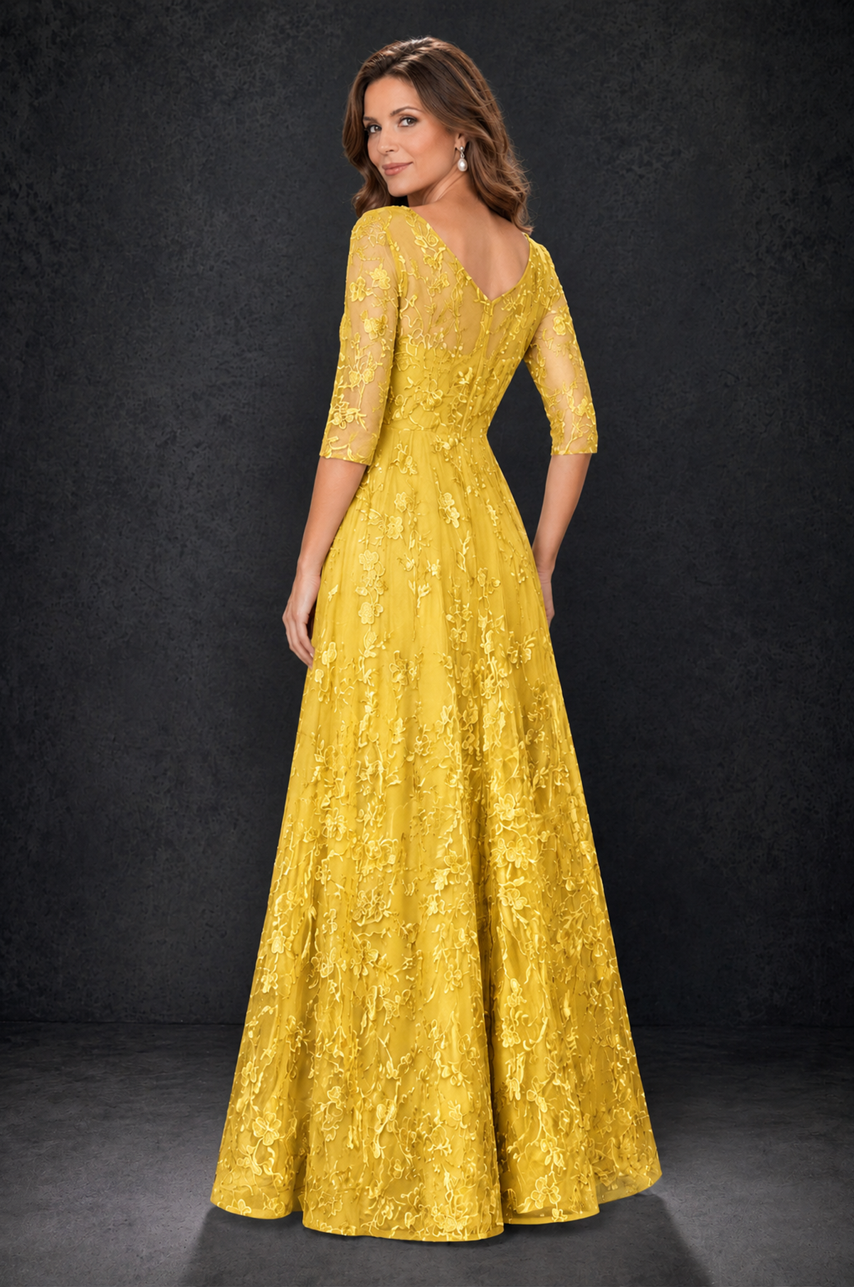 BOLODOO Mustard Yellow Illusion Bateau Neck 3/4 Sleeve Floral Lace A-Line Mother of the Bride Dress MX007 - Mustard Yellow - Mustard_Yellow_2
