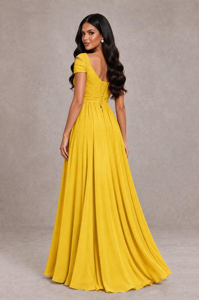 BOLODOO Mustard Yellow Cold Shoulder Chiffon Evening Dress with V Neck and High Slit - Mustard Yellow - Mustard Yellow_2